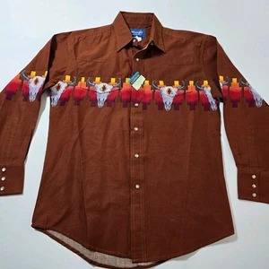Vintage Wrangler Western Style Shirt Orange Sz Medium Steer Skull Pearl Snap - Picture 1 of 13