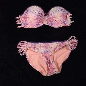 GB Pink Aztec Print Bandeau Bikini Swimsuit Side Skimpy Straps Crochet Edge Sz M - Picture 1 of 8