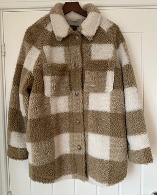 M&S Borg Fleece Shacket Jacket Size L UK 16 18 Beige Checked Marks Spencer New - Image 1 of 4