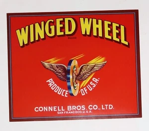 Publicidad de los años 50 Winged Wheel Produce Create Label, Connell Bros. Co. - Imagen 1 de 2