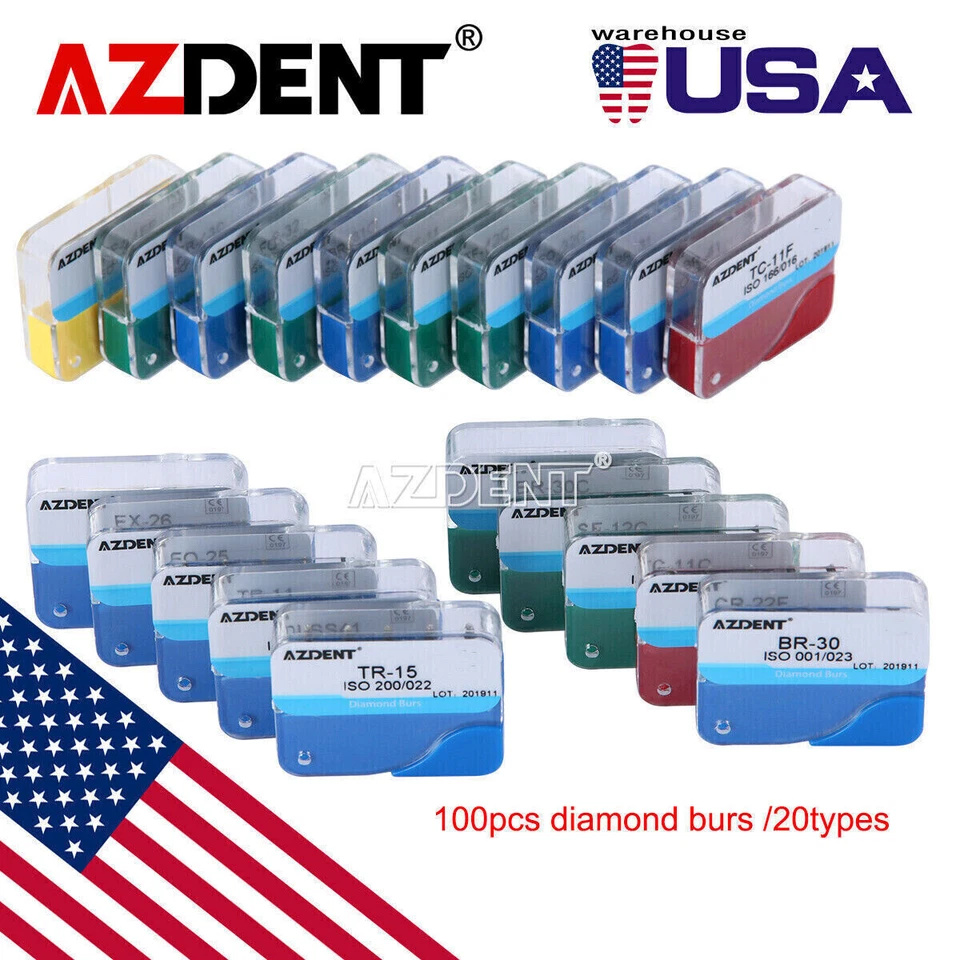 USPS 100pcs Dental Diamond Burs for High Speed Handpiece 20types AZDENT