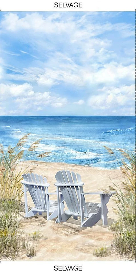 TIMELESS TREASURES 24" X 44" Panel Beach Chairs Sand Lake Ocean Breeze Cotton Fabric Panel D483.45