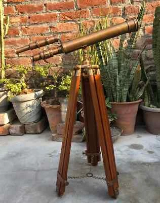 Telescope 18 " With Wooden Tripod Stand Nautical Floor Standing Antique Brass - Image 1 of 4