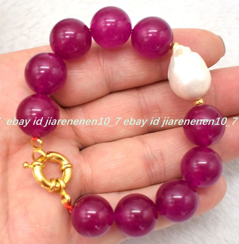 VALENTINO Bracciale Perline Rotonde 14mm Rosa Rossa Giada Bianca Barocca Gemme Naturali 7 9in