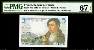 France 5 Francs 1943 Pick-98a SUPERB GEM UNC PMG 67 EPQ - Picture 1 of 2