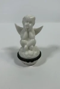 Vintage White Cherub Blowing A Kiss Hinged Trinket Box Porcelain - Picture 1 of 4