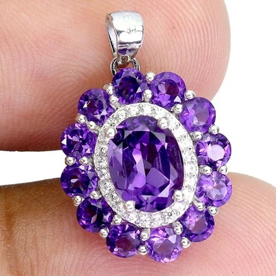 925 Sterling Silber Anhänger Oval Amethyst 8x6mm Natürlicher Edelstein Schmuck - Bild 1 von 4