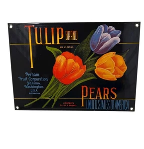 Letrero publicitario vintage de metal de peras marca tulipán reproducción de 10"x7" - Imagen 1 de 12