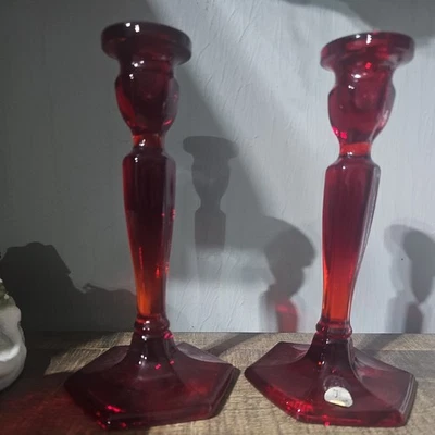 Fenton Glass Ruby Red Candlesticks 90s - Image 1 of 4