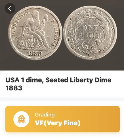 1883 Seated Liberty Silver Dime, US 10c, Type 5, No Stars, Circulated, Very Fine Cover