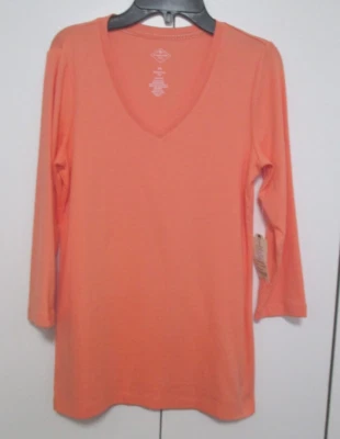 St. John's Bay Misses XS 码 (0-2) V 领 3/4 袖 T 恤-Bright Persimmon — 第 1/4 张图片