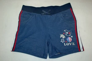 Girls Knit Shorts BLUE w/ RED WHITE SIDE STRIPES Love Cat Unicorn L 10-12 - Picture 1 of 2