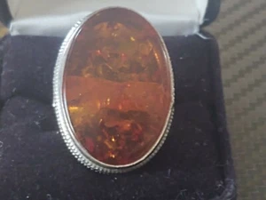 Large Silver and Amber Ring Size 9.5 - Picture 1 of 6