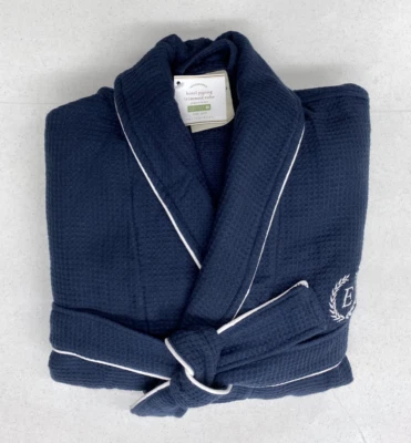 NUEVO Bata de baño Pottery Barn Hotel con borde de tubería GRANDE (L) ~ Azul marino ~ MONO "E" Foto 1 de 3