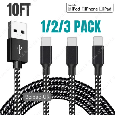 10Ft Long Charger Cable USB Charging Cord Heavy Duty For Apple iPhone 11 XR X 8 - Image 1 of 4