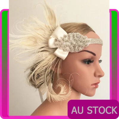 Diadema de la década de 1920 pluma nupcial gran Gatsby años 20 aleta beige tocado de boda Foto 1 de 4