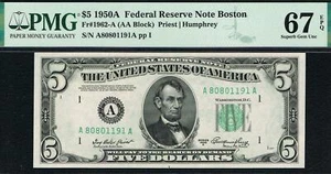 $5 1950A Boston FRN. PMG 67 EPQ - Picture 1 of 2