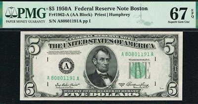 $5 1950A Boston  FRN. PMG 67 EPQ - Image 1 of 2