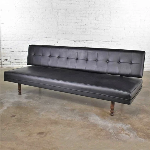 Vintage Mid Century Modern Black Vinyl Faux Leather Convertible Sofa by Universa Cover