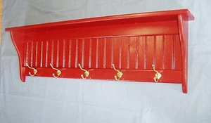 Pine Wood Coat Rack Wall Shelf 42 Inch Red with Hooks - Picture 1 of 2