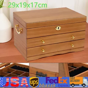 Large Capacity Wooden Jewelry Box W/ Safe Lock 3 Layers Retro Storage Organizer - Picture 1 of 23