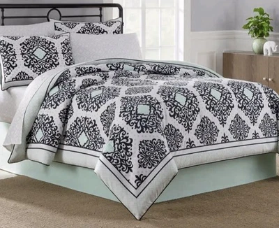 IKEA Comforter, Pillow Case, And Bed Skirt Twin XL White Black Sea Foam Green - Image 1 of 4