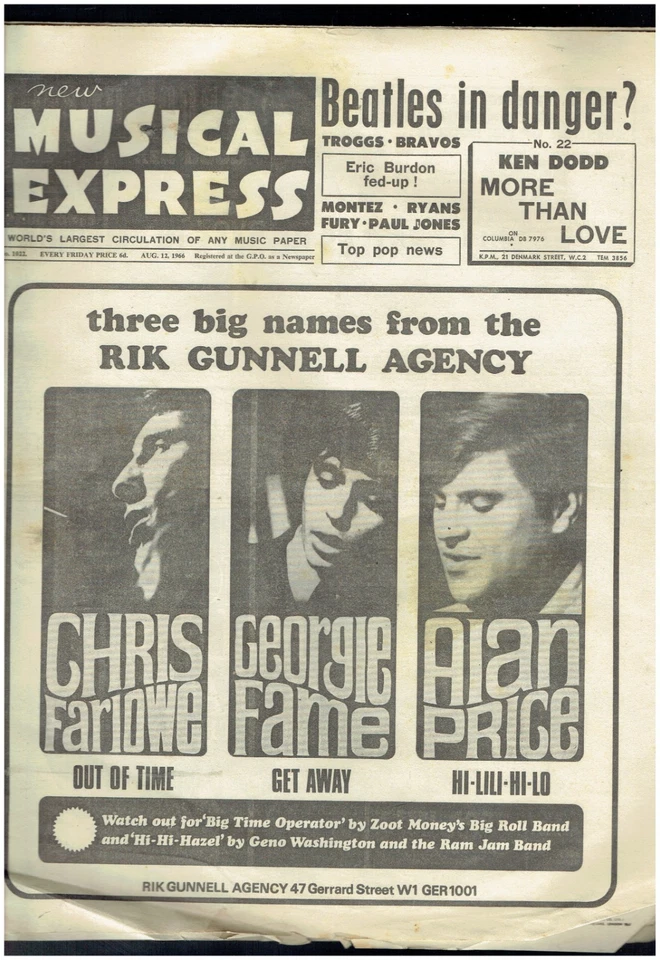 NEW MUSICAL EXPRESS NME AUGUST 12TH 1966 BEATLES/TROGGS - Image 1 of 2