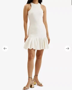 TED BAKER Mini Dress Womens TB2 UK 10 Elzaaa White Knit Racer Back Fluted Skirt - Picture 1 of 22