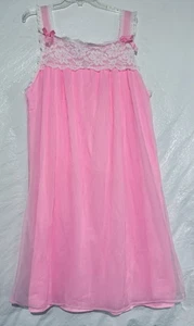 Vtg Nightgown Chemise Pink Nylon Chiffon Sheer Overlay Lace Flowy Bows - Picture 1 of 10