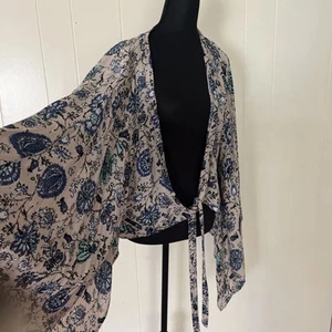 Anthropologie Liv Los Angeles Cardigan Womens Blue Floral Tie Cropped XL - Picture 1 of 7
