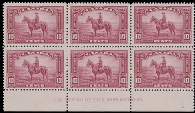 1935, CANADA PICTORIAL-R.C.M.P. 10C CARMINE, PLATE NO. 1 BLOCK OF 6, NH, U#223 - Image 1 of 2