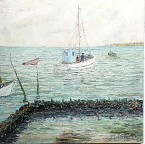 Île d'Oléron Le Chapus Bateau Marine Toile Signée Dugros daté 1966 38x46cm - Picture 1 of 7
