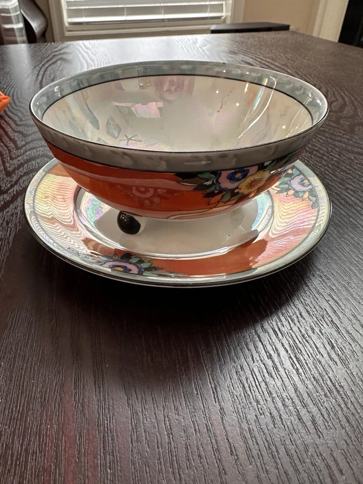 Antiguo Noritake? Cuenco con patas Art Deco Lusterware flores naranjas con plato Foto 1 de 4