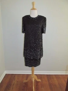 Vintage Brilliante Gr. M schwarz Perlen Pailletten Stufen festlich Party Kleid - Bild 1 von 12