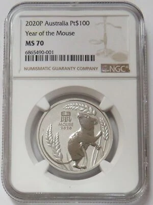 2020 P PLATINA US$ 100 AUSTRÁLIA 1 OZ ANO DO MOUSE MOEDA NGC ESTADO PERFEITO 70 - Imagem 1 de 2