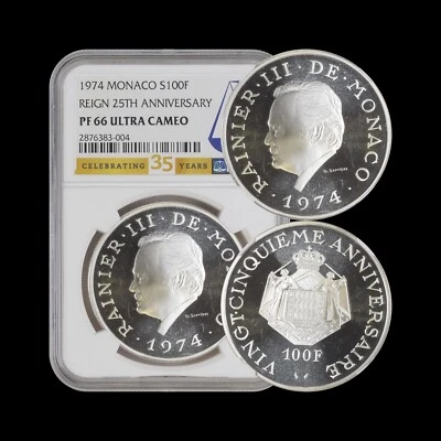 MONACO. 1974, 100 Francs, Silver - NGC PF66 - Rainier III, 25th Anniv. of Reign - Image 1 of 4