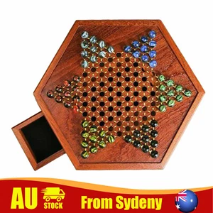 Wooden Chinese Checkers 12" Classic Board Game Set w/ Drawers & Glass Marbles E - Picture 1 of 10