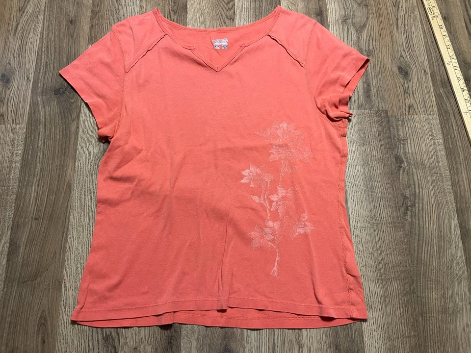 Camisa Columbia, para mujer talla XL, naranja, flor, cuello en V, manga corta Foto 1 de 4