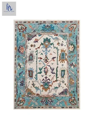Oushak Beige / Lt.Blue hand-knotted Pandav rugs for living room - Image 1 of 4