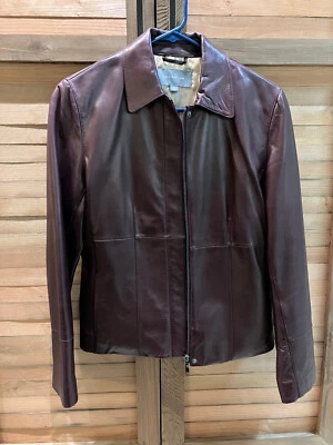 Chaqueta ANN TAYLOR para mujer S rojo vino a marrón forrada de cuero cremallera completa SUAVE - USADA EN EXCELENTE ESTADO Foto 1 de 4