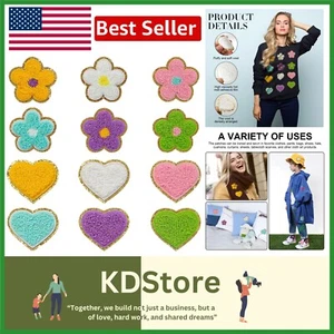Parches de chenilla hágalo usted mismo - 12 bordados de corazón y flores para ropa y accesorios - Imagen 1 de 8