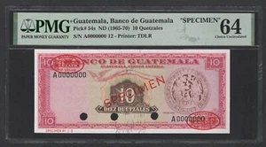 Guatemala 10 Quetzal ND(1965-70) P54s "Specimen" Uncirculated Grade 64 - Picture 1 of 2