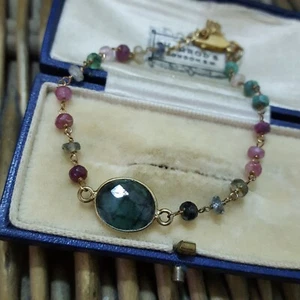 925 Sterling Silver Bracelet, Emerald, Ruby, Pink Sapphire, Station Bracelet - Picture 1 of 8