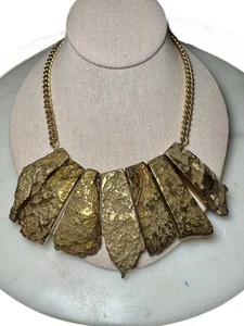 Yochi NY Gold Textured Pyrite Bib Statement Necklace Chunky Collar Bold - Picture 1 of 4