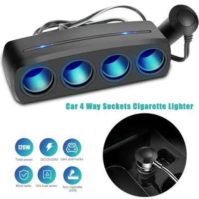 Cigarette Lighter Socket 4 Way Charger Splitter 12/24V Outlet Power Adapter Car - Image 1 of 4