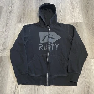 Vintage Y2K Rusty Skate Hoodie Adult Large Black Zip Up Sweatshirt Skater Grunge - Picture 1 of 6