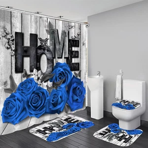 Blue Rose 4 Pcs Shower Curtain Sets Non-Slip Rugs Bath Mat Toilet Cover U Shaped - Picture 1 of 12