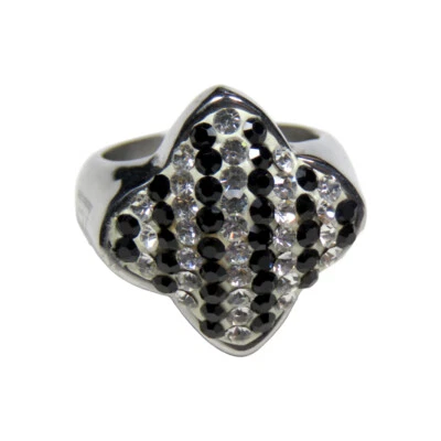 Women's Polished Stainless Steel Ring with Clear and Black CZ, Size 7 - Image 1 of 4