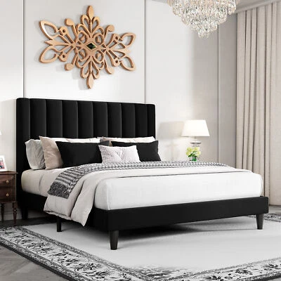 Platform Bed Frame with Velvet Upholstered Plush Vertical Channel Headboard - Image 1 of 4