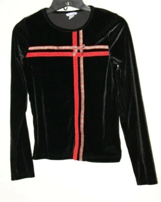 HARTSTRINGS Girls 14 Black Top Holiday Christmas Bow Plaid Trim Long Sleeves - Image 1 of 4